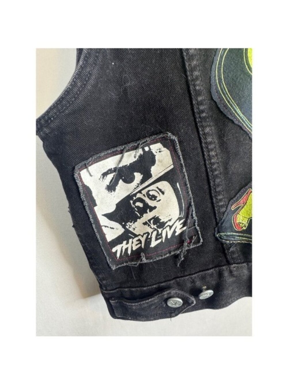 Koffin Kats Jeans Denim Vest Horror Punk Bride of Frankenstein Patches Women L - Picture 3 of 10